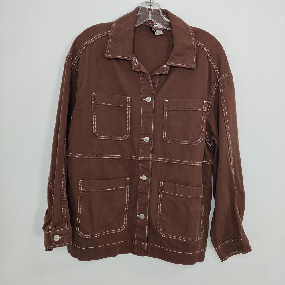 H&M Divided Brown Chore Jacket Shacket Contrast Stitch Patch Pockets Small
